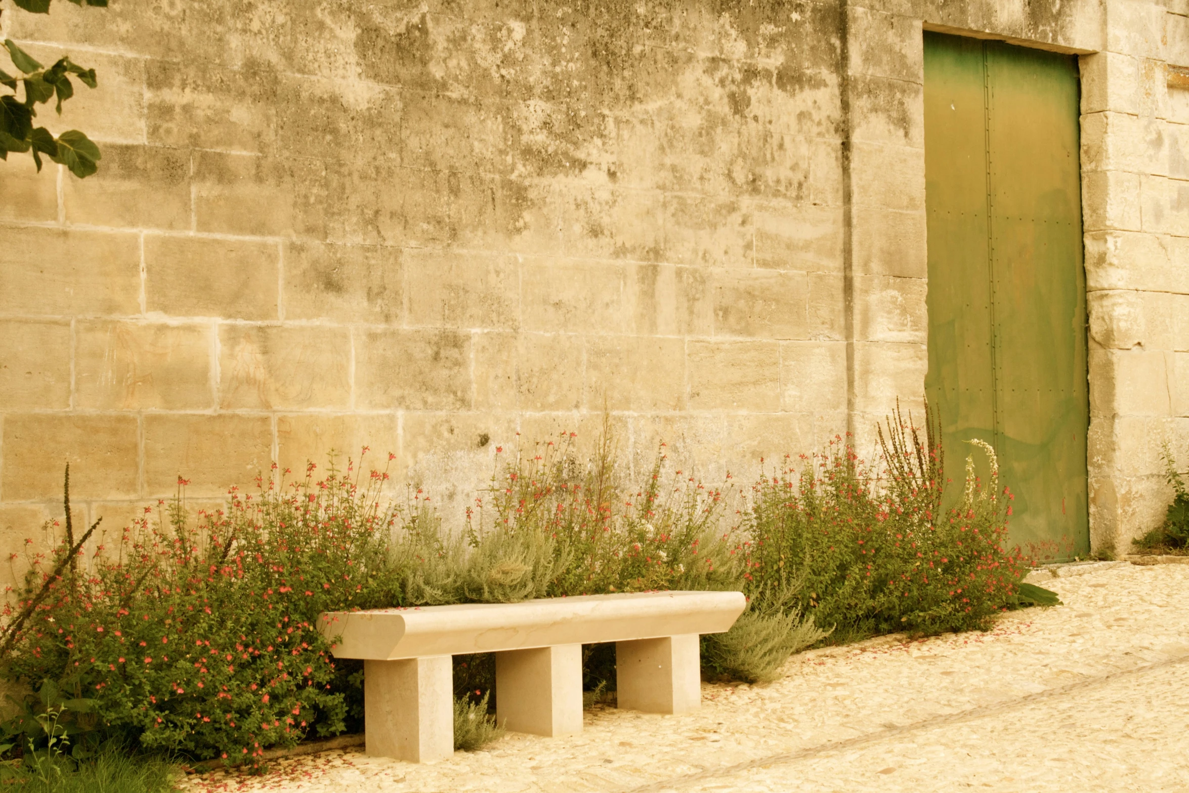 two cement benches next to a building and a flower garden