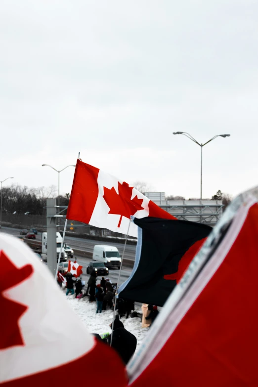 people are outside holding flags with the canadian flag