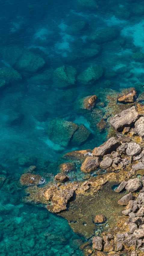 water and rocks are visible from the top of this rocky coastline