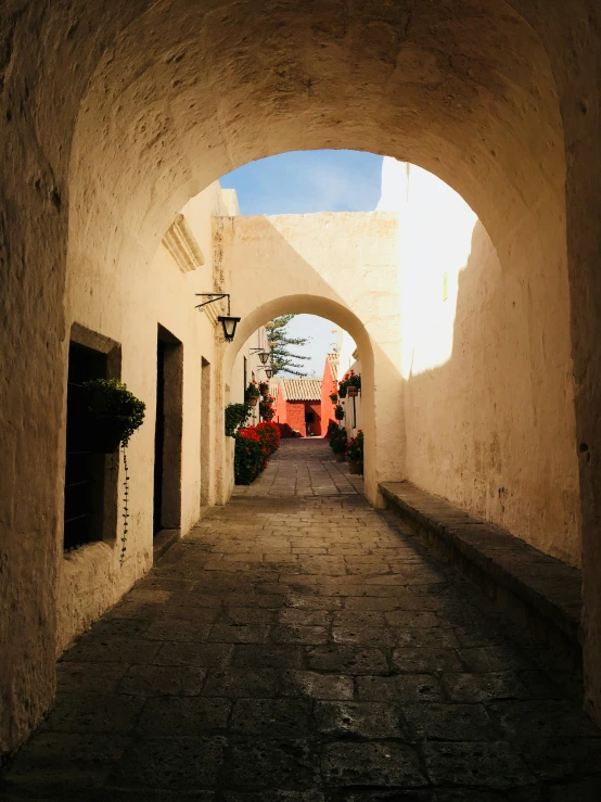 a narrow walkway lined with tall buildings