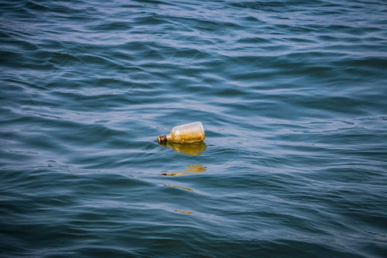 a floating plastic bottle in a large body of water