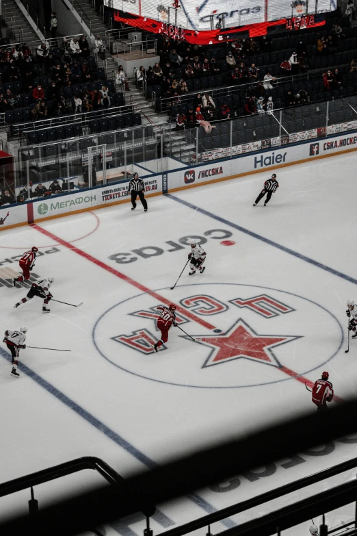 an overhead view of hockey players on the ice