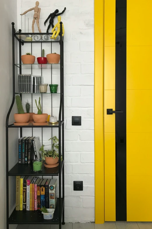 a black shelf with some plants next to a yellow door