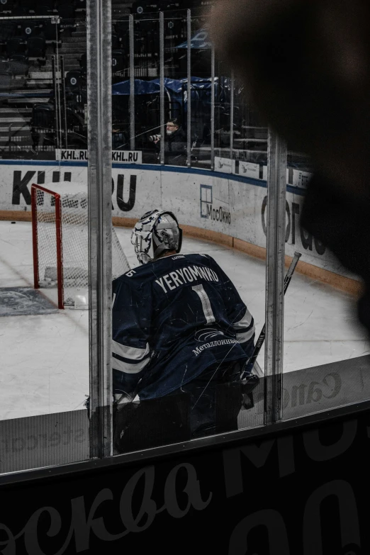 hockey goalie looking out from behind goal in stadium