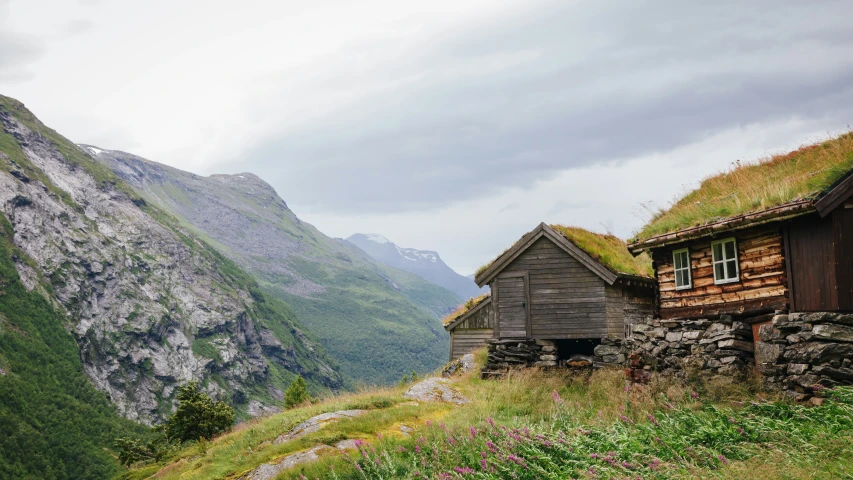 a grass roofed house in the mountains