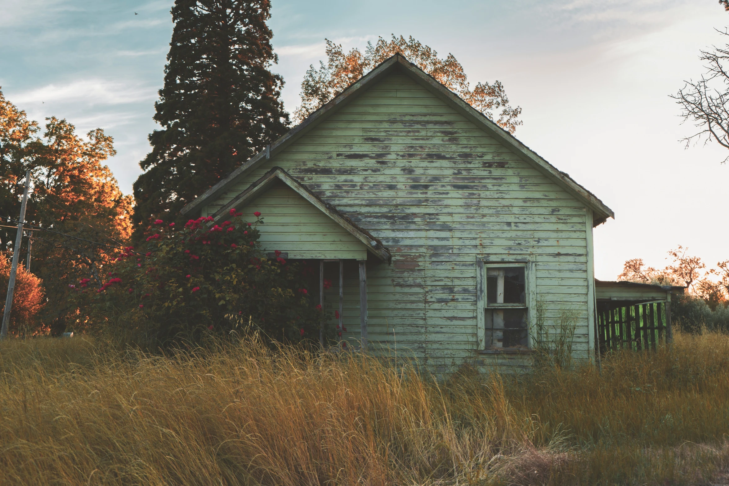 a white house sitting in a field with trees around it