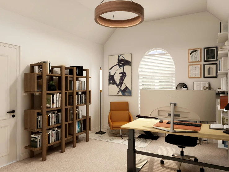 a room with white walls and large book shelves in it