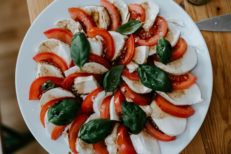 tomatoes and mozzarella with herbs served on plate