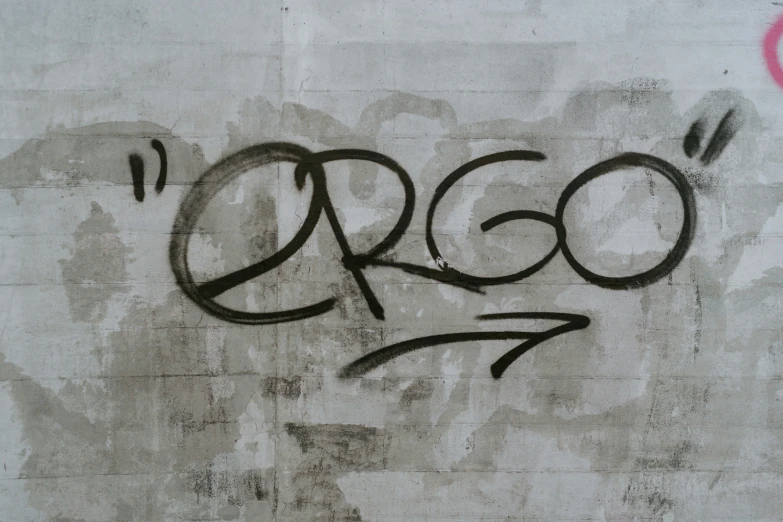 a graffiti wall has the word r r o written in cursive ink