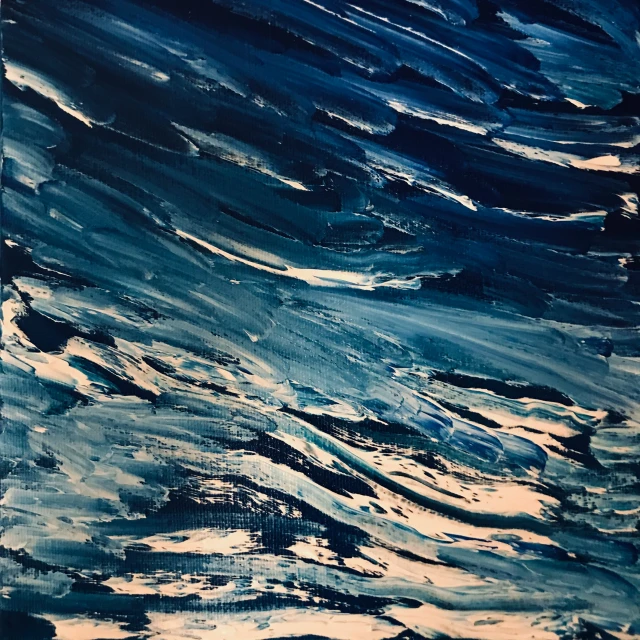 painting with white and blue waves in it