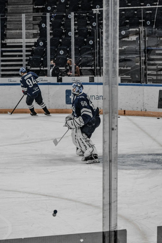 a hockey player prepares to take the puck