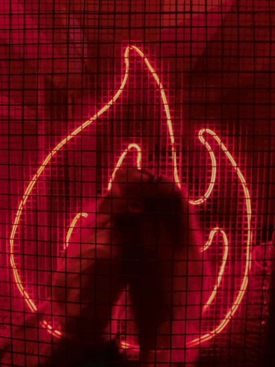 some red lights are in the backround on a mesh wall
