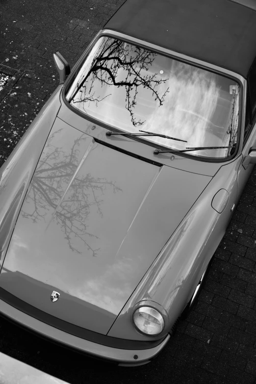 a car sitting in the street near a tree