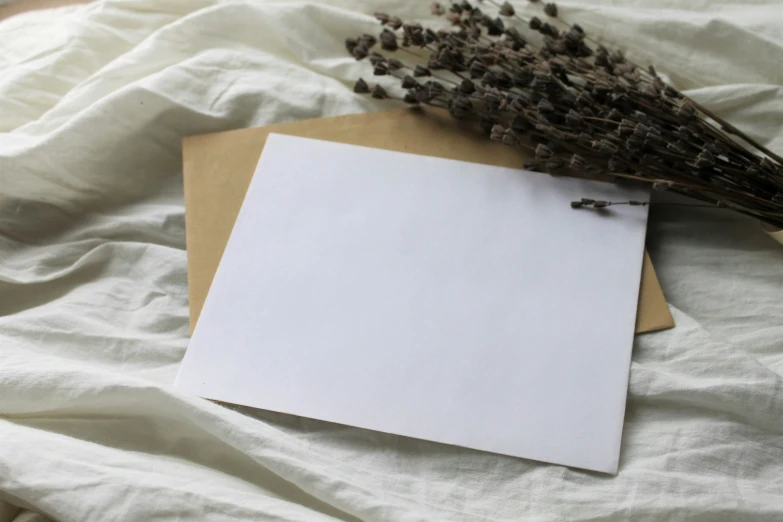 a piece of white paper with dried flowers next to it