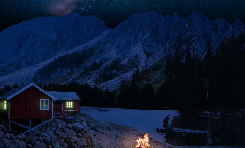 a cabin in the middle of the night with a campfire