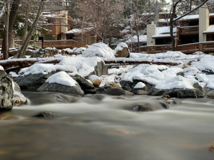 a small river flowing into a snow covered forest