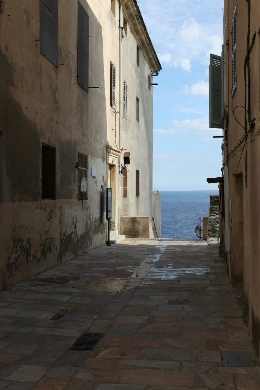 a po looking down an alley between two buildings