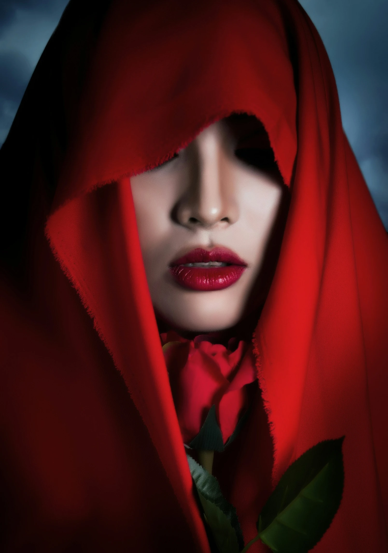 woman with red veil and rose with blue background