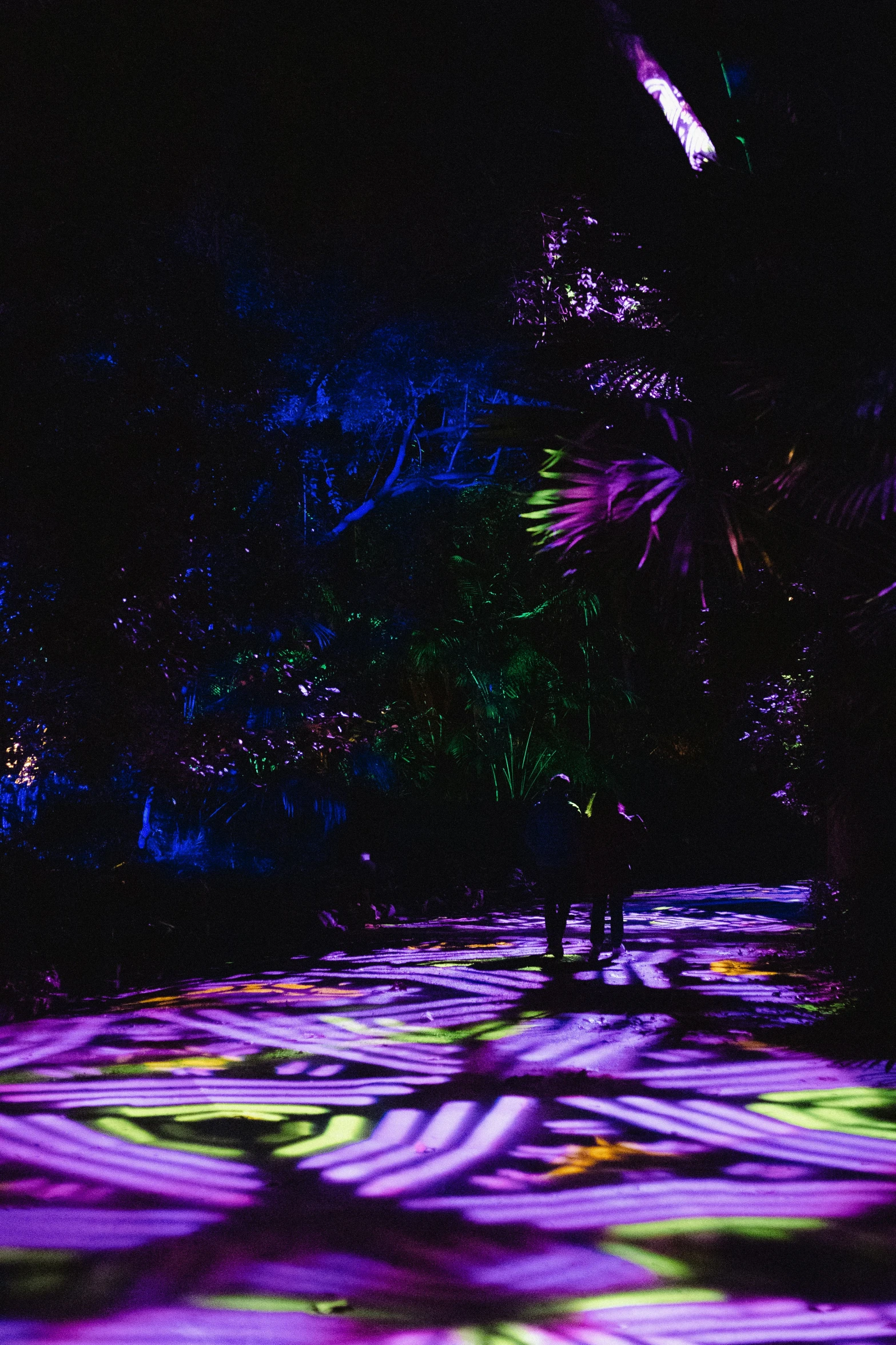 two people are walking in the dark next to an area with bright lights