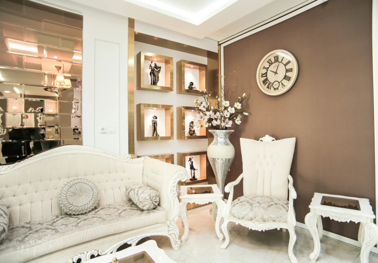 a fancy living room has two white chairs and a large clock