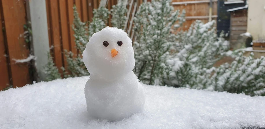 a small snowman is sitting in the snow