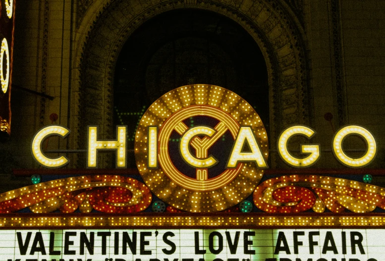 chicago theatre is lit up for valentine's day