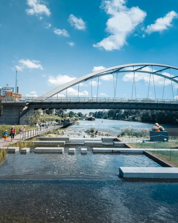 people sitting on a bench in front of a bridge