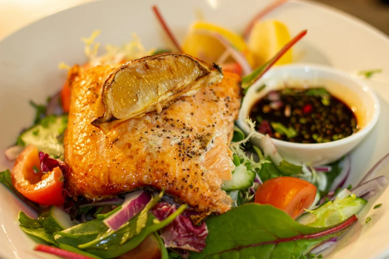 a white plate topped with a salmon and salad