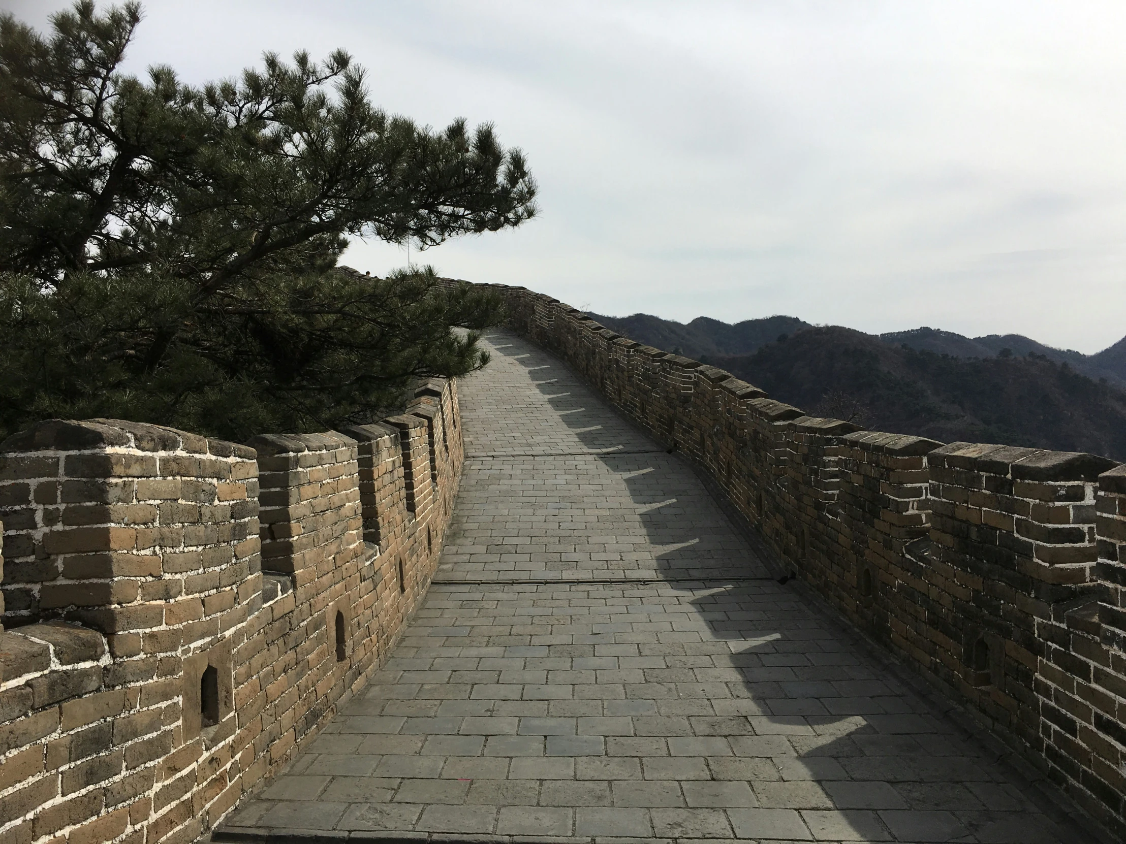 a walk way on a large stone wall with trees