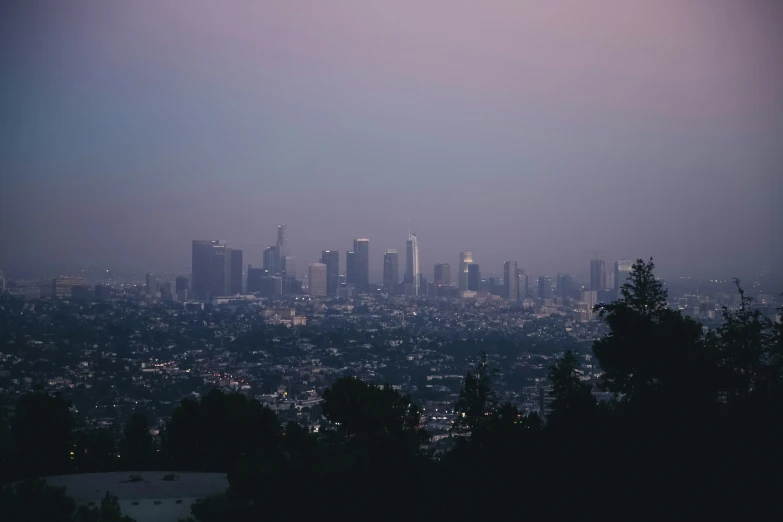 a city skyline is seen on a hazy day