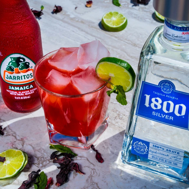 a pitcher of booze next to a glass of water and a bottle of margarita