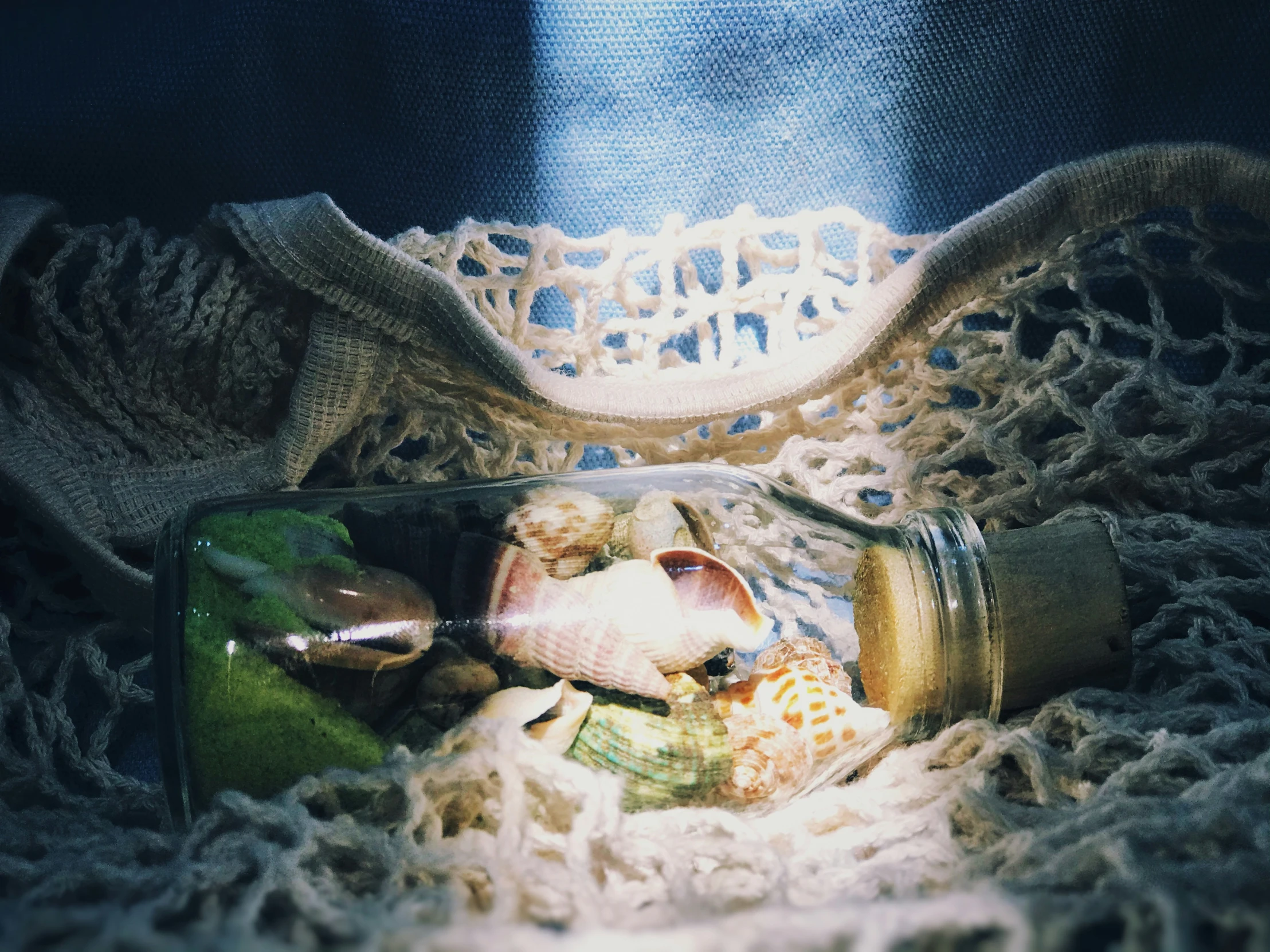 a bottle containing sea shells and sea urinals is placed on a piece of fabric