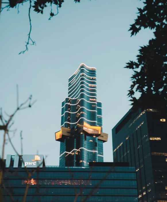 the building in the city is lit up at night