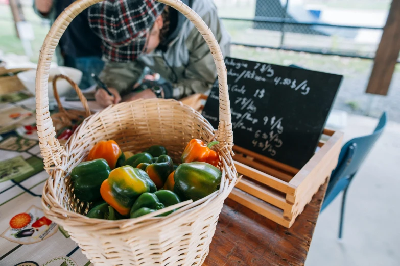 a basket filled with peppers sitting on top of a table