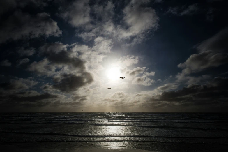 a bird flying over the ocean under a cloud filled sky