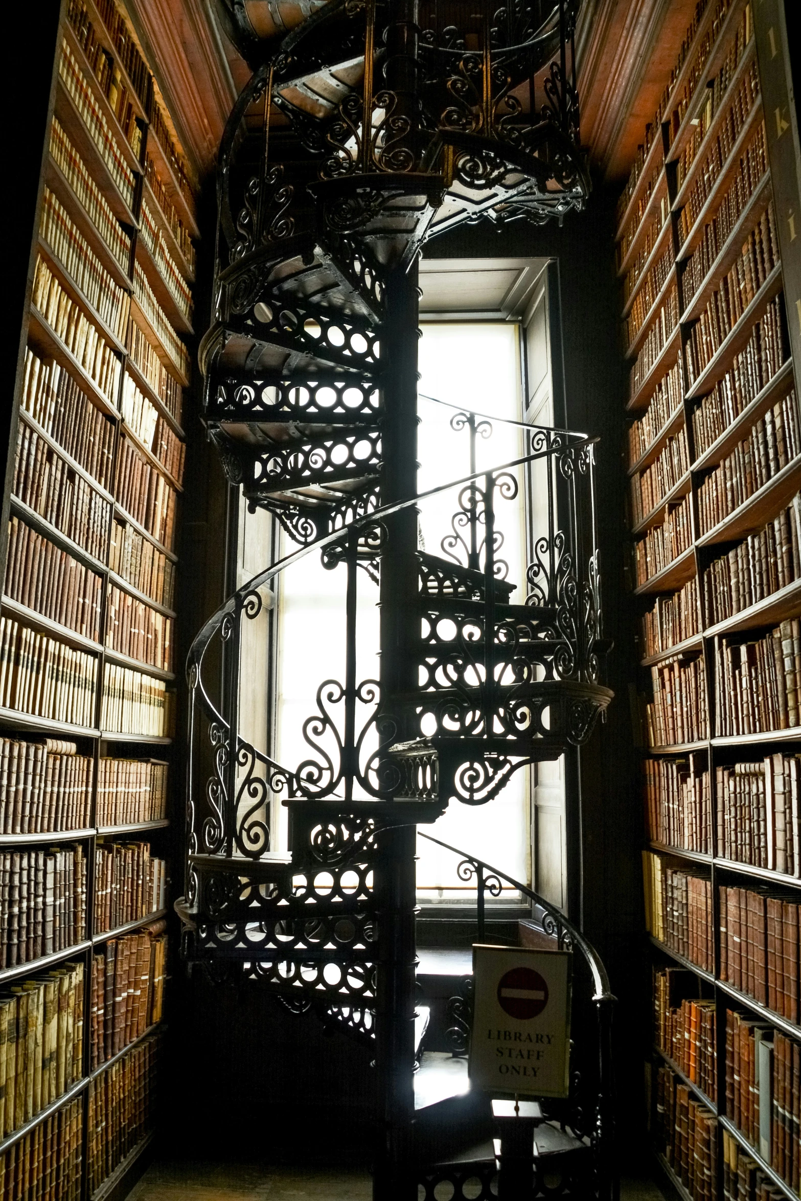 spiral stair is surrounded by books on the shelves