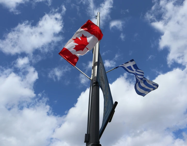 two flags flying high on a flagpole