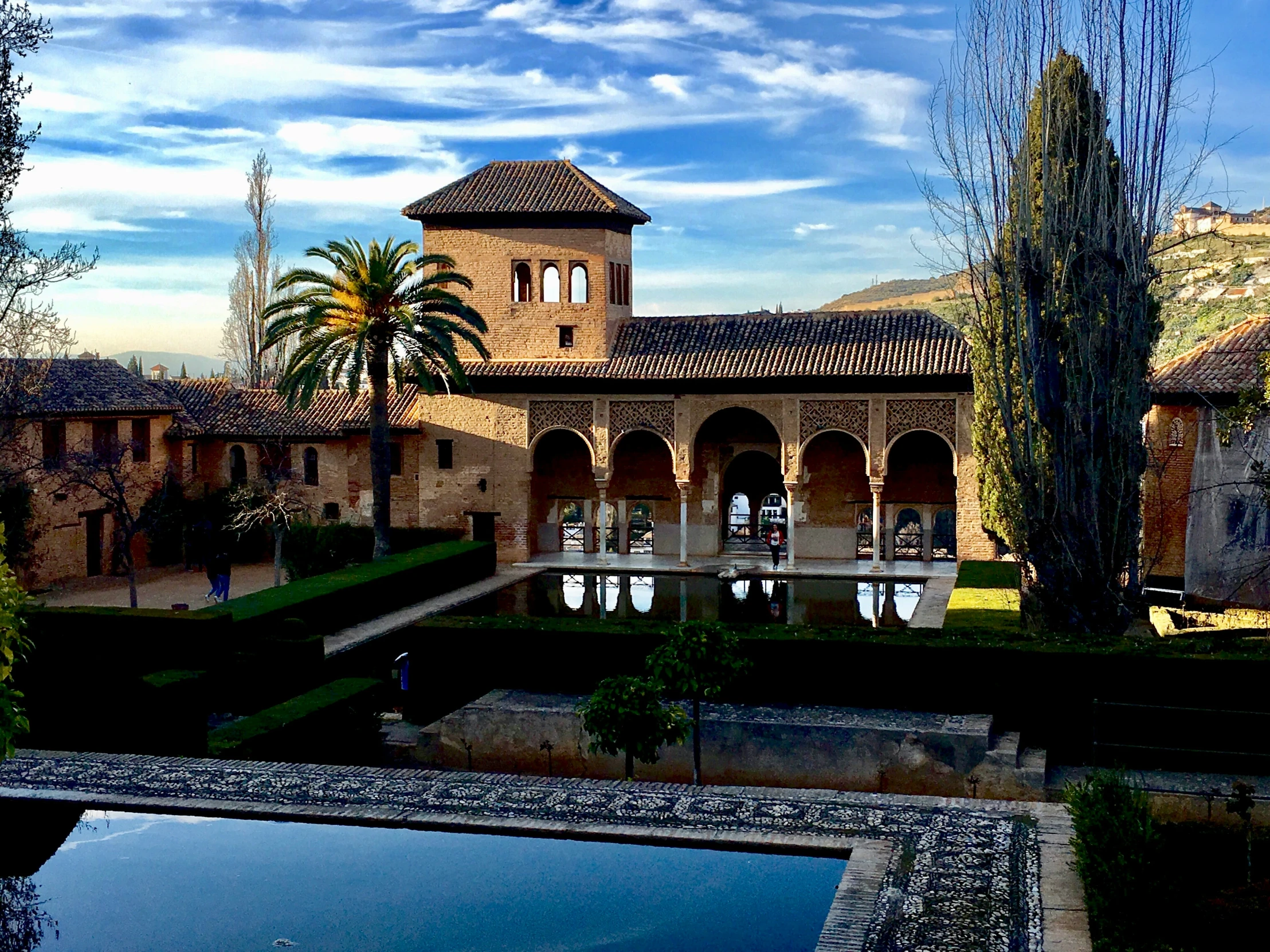 a view of a building near a small pond