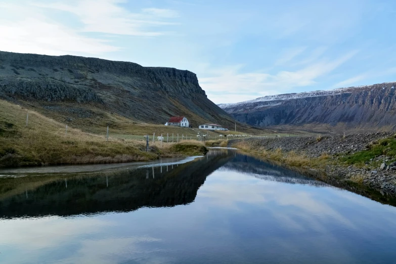 a pond that is surrounded by some mountains