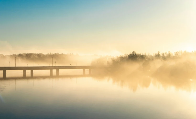 a large body of water surrounded by trees and fog