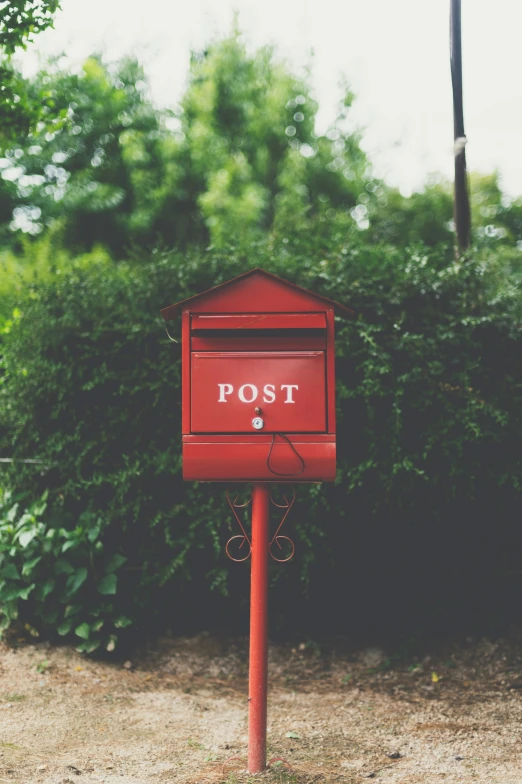 a post with a mailbox next to a hedge