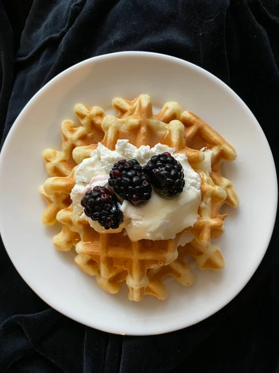 an waffle dish with a scoop of whipped cream, fresh berries, and sliced oranges