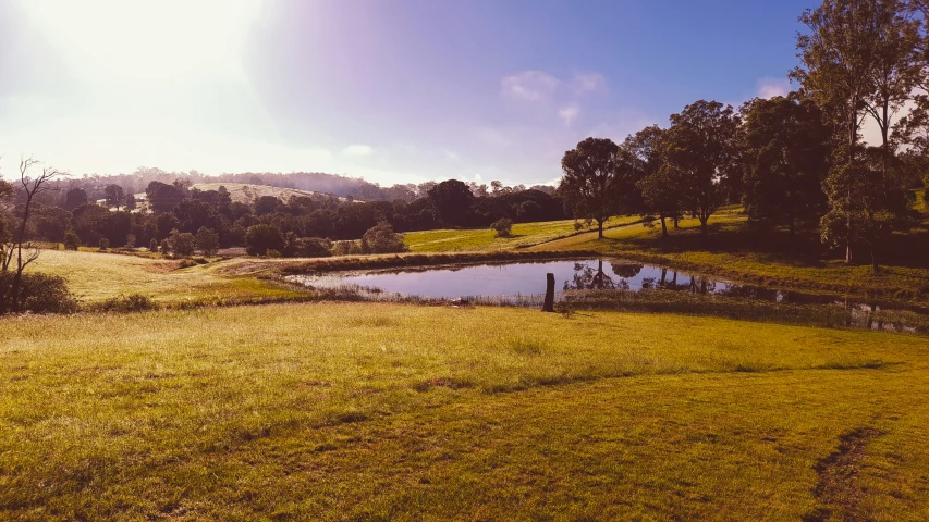 sunbursts in the sky over the small pond