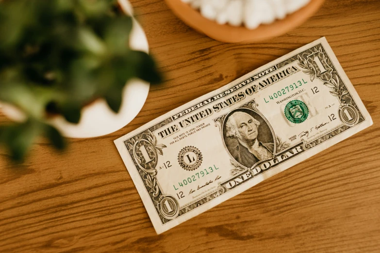 a ten - dollar bill is sitting on the table next to some green plants