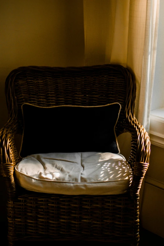 an image of a wicker chair with pillows