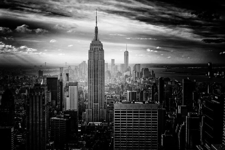 black and white image of city skyline at night