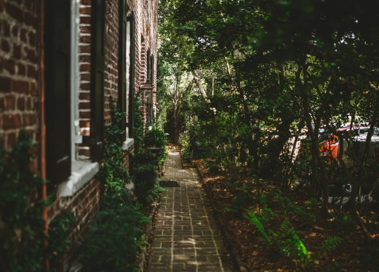 a brick path with a brick stop light