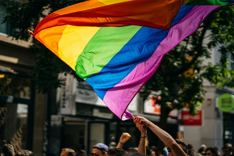 a crowd is holding up rainbow colored kites