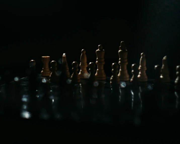 a collection of wooden chess pieces sitting on top of a table