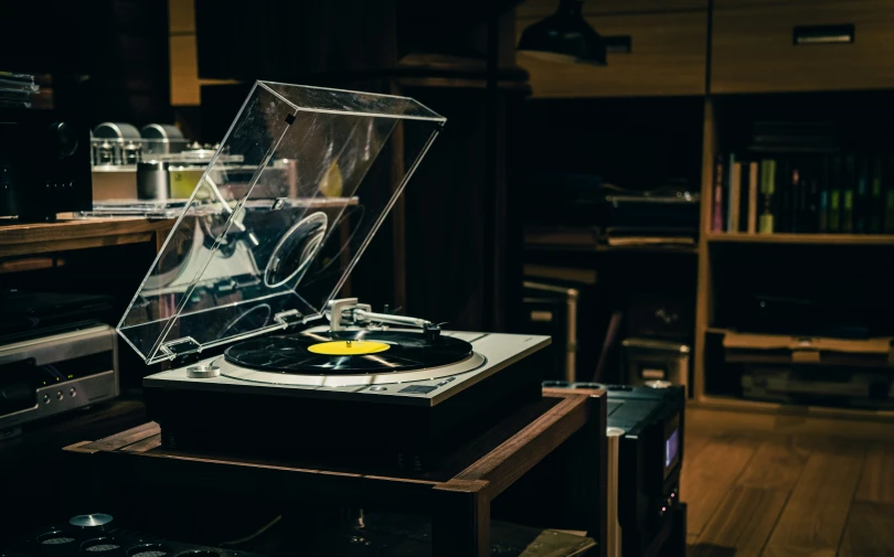 there is a record player inside a case